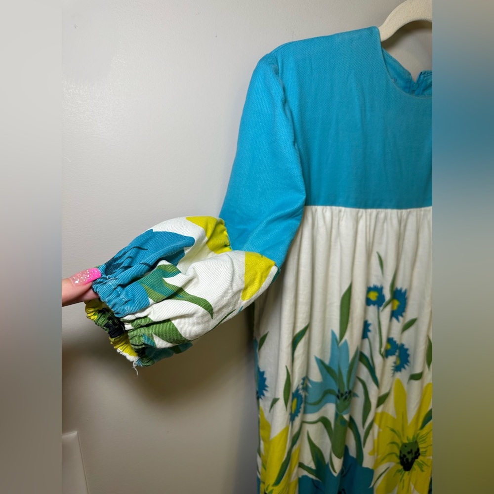 Unique Vintage Handmade Floral Maxi Dress Blue Yellow Boho Cottagecore Prairie - Picture 6 of 16